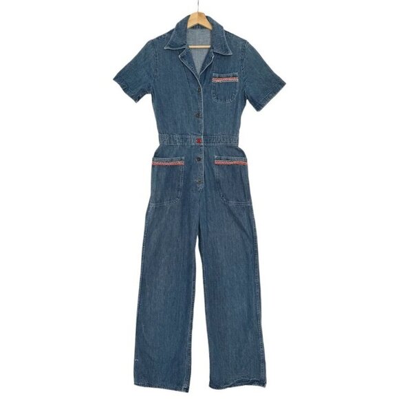 Vintage Blue and Red Jumpsuit with Fitted Waist